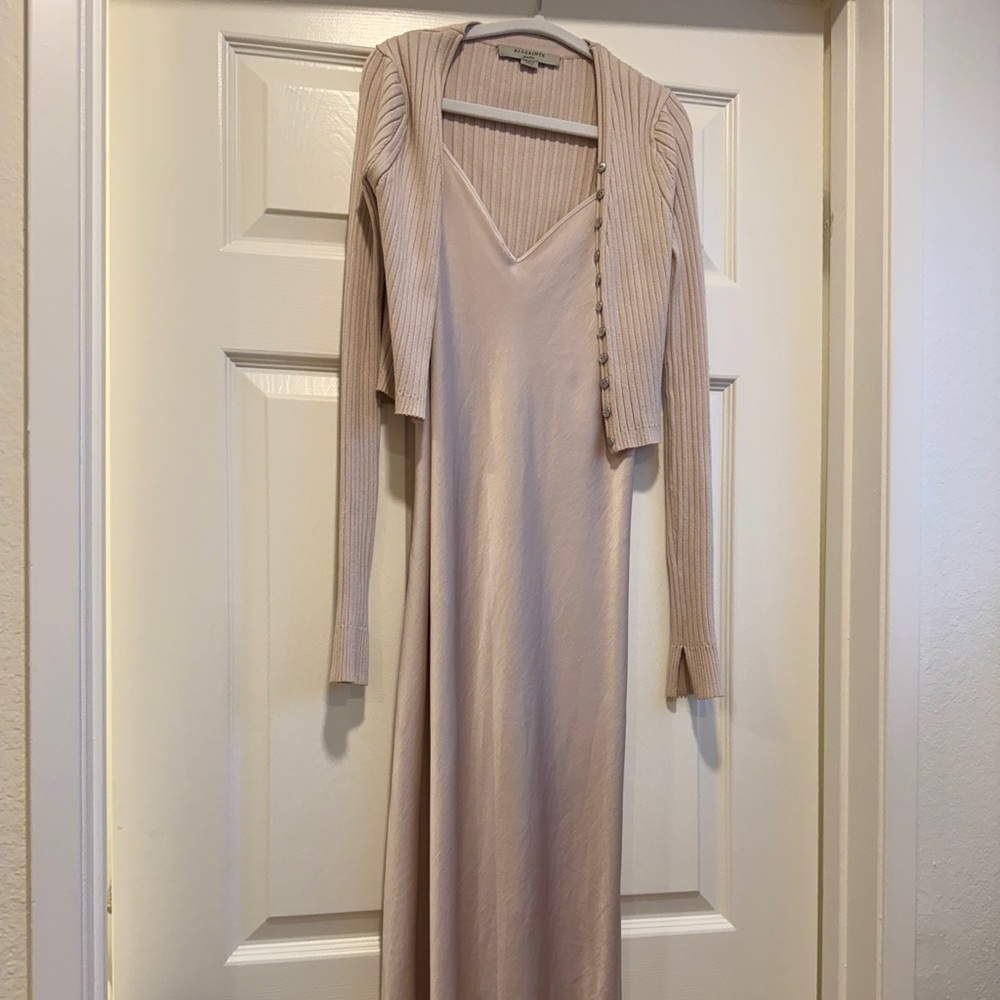 All Saints Slip Dress + Ribbed Cardigan in Soft Beige Pink
